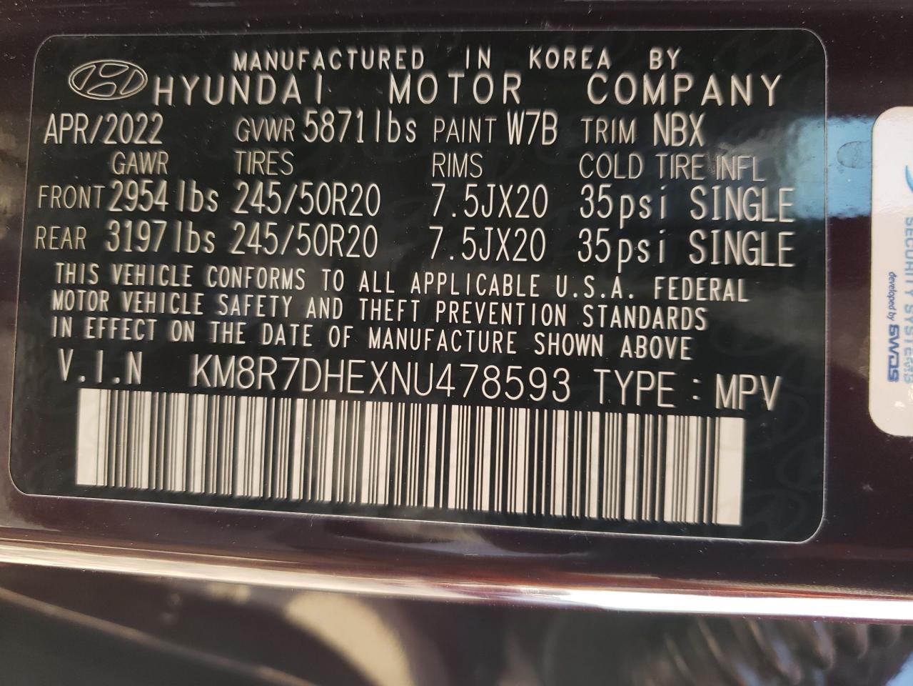 2022 HYUNDAI PALISADE CALLIGRAPHY VIN:KM8R7DHEXNU478593