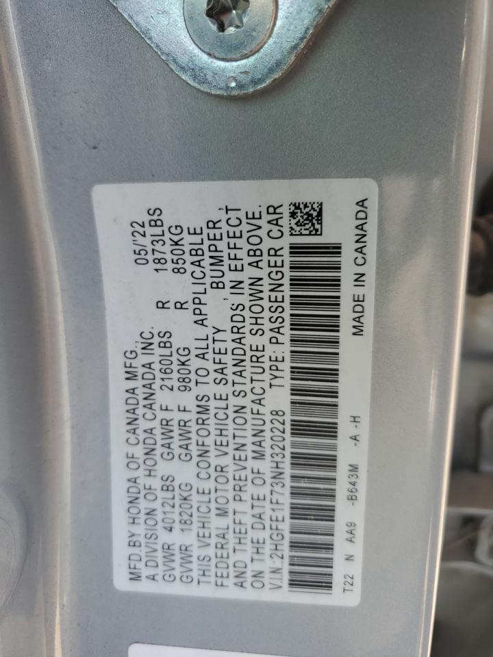 2022 HONDA CIVIC EX VIN:2HGFE1F73NH320228