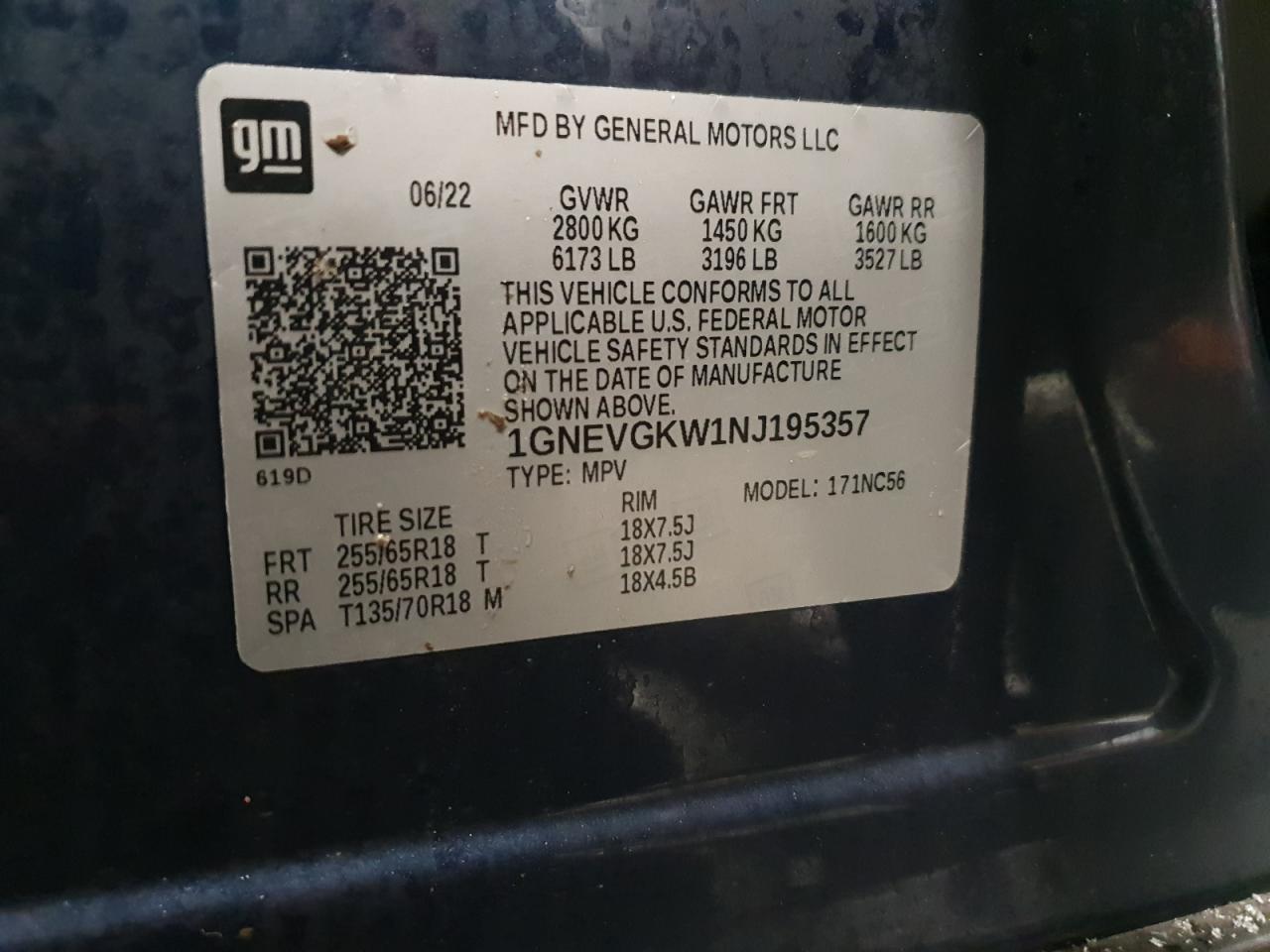 2022 CHEVROLET TRAVERSE LT VIN:1GNEVGKW1NJ195357