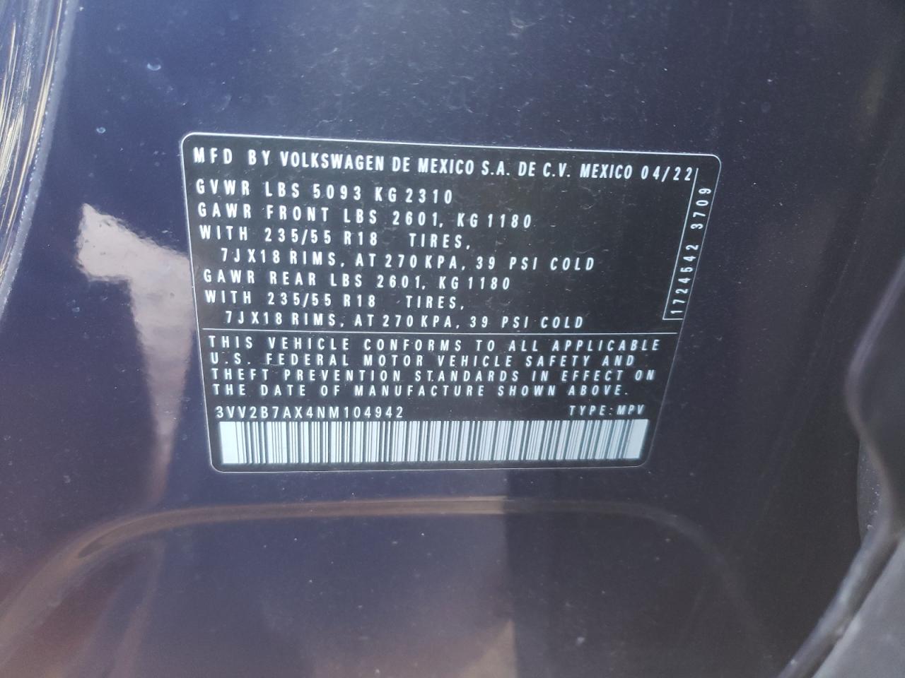 2022 VOLKSWAGEN TIGUAN SE VIN:3VV2B7AX4NM104942