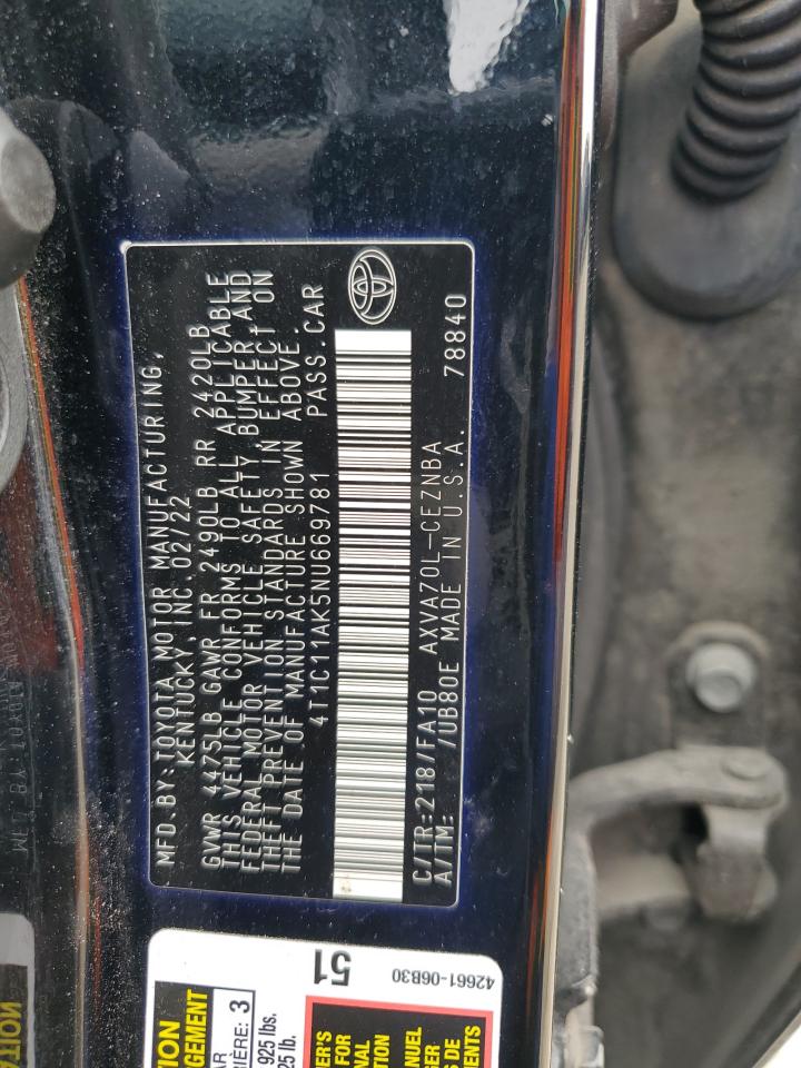 2022 TOYOTA CAMRY LE VIN:4T1C11AK5NU669781