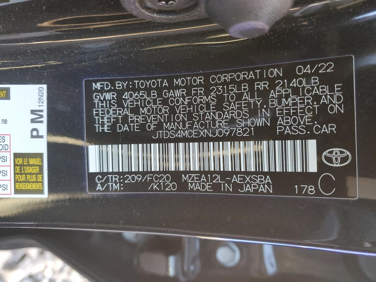 2022 TOYOTA COROLLA SE VIN:JTDS4MCEXNJ097821