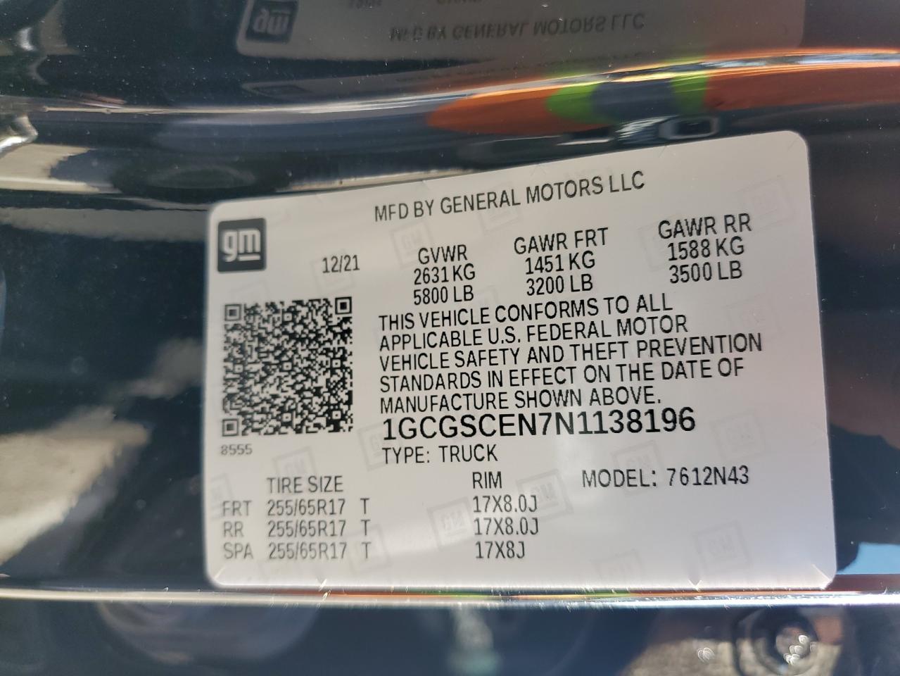 2022 CHEVROLET COLORADO LT VIN:1GCGSCEN7N1138196