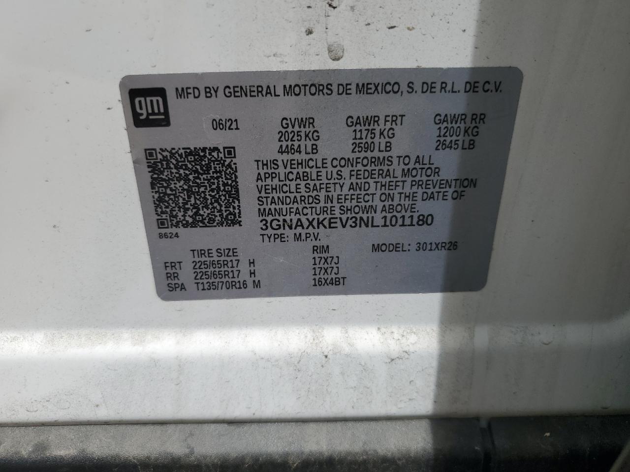 2022 CHEVROLET EQUINOX LT VIN:3GNAXKEV3NL101180