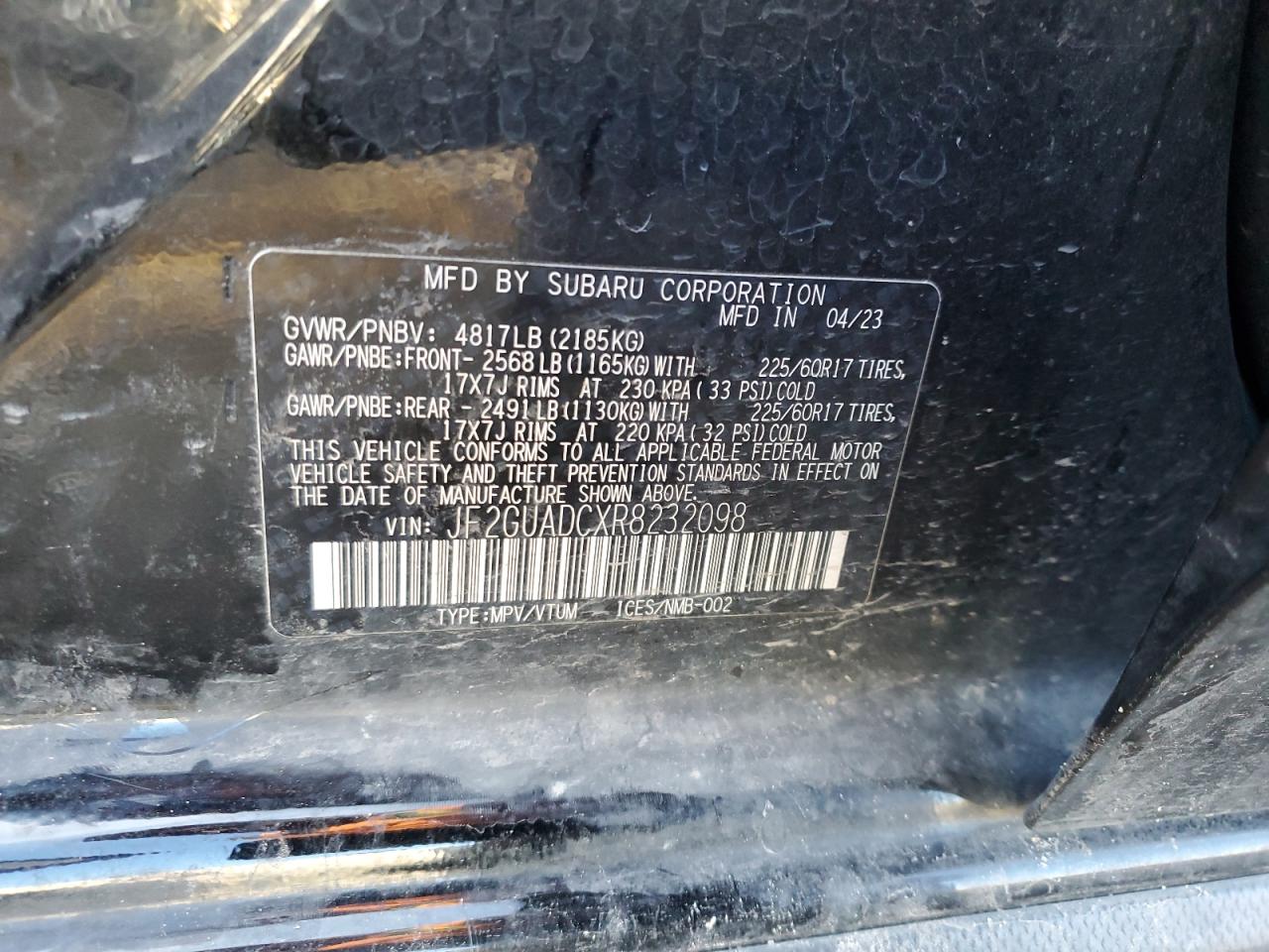 2024 SUBARU CROSSTREK PREMIUM VIN:JF2GUADCXR8232098