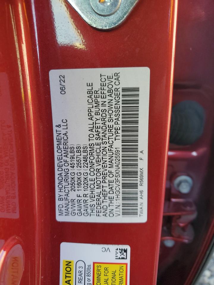 2022 HONDA ACCORD HYBRID EXL VIN:1HGCV3F5XNA025591