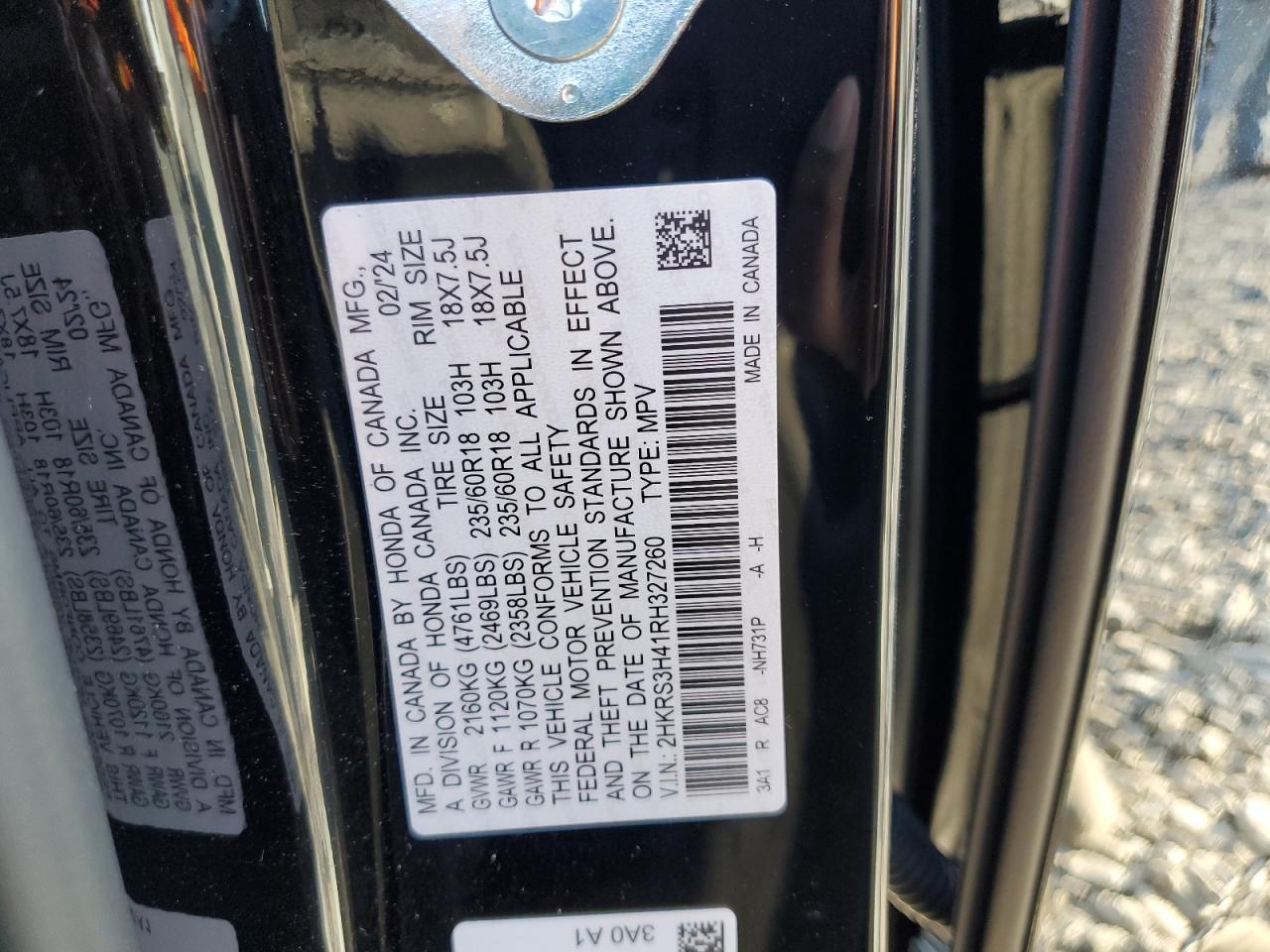 2024 HONDA CR-V EX VIN:2HKRS3H41RH327260