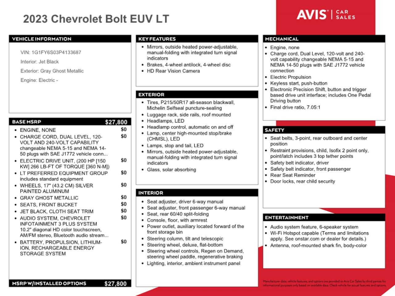 2023 CHEVROLET BOLT EUV LT VIN:1G1FY6S03P4133687