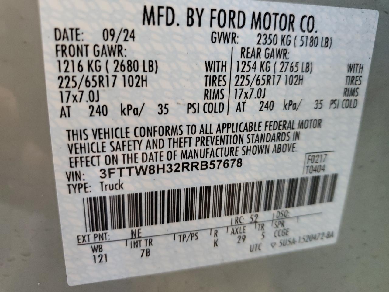 2024 FORD MAVERICK XLT VIN:3FTTW8H32RRB57678