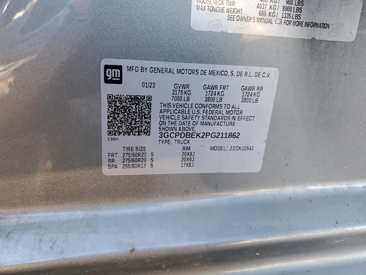 2023 CHEVROLET SILVERADO K1500 CUSTOM VIN:3GCPDBEK2PG211862