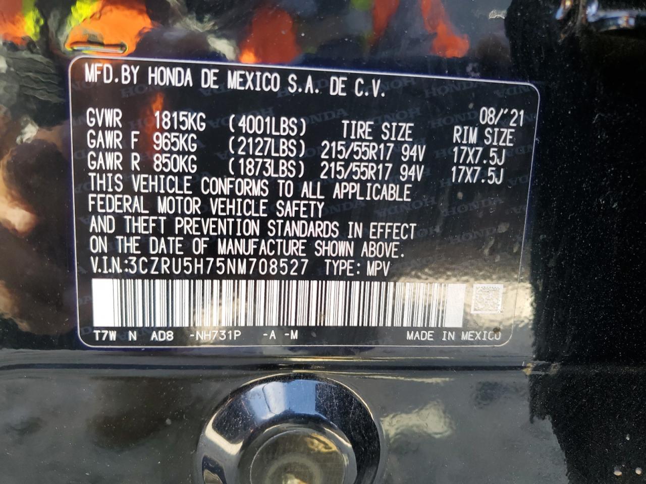 2022 HONDA HR-V EXL VIN:3CZRU5H75NM708527