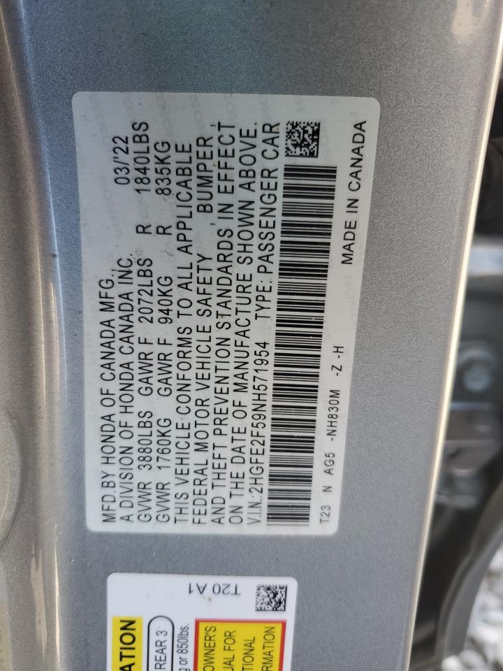 2022 HONDA CIVIC SPORT VIN:2HGFE2F59NH571954