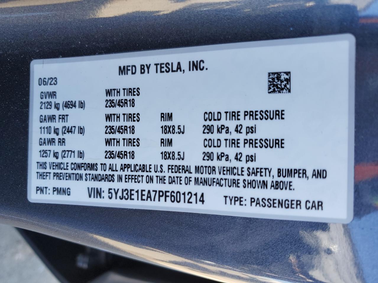 2023 TESLA MODEL 3  VIN:5YJ3E1EA7PF601214