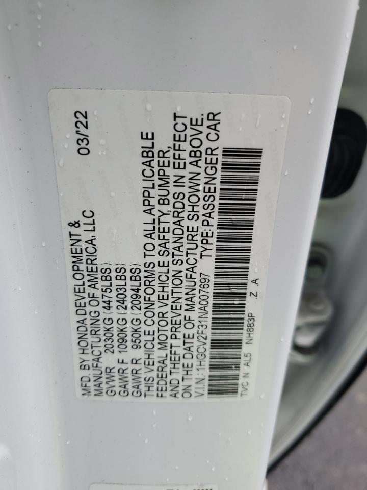 2022 HONDA ACCORD SPORT VIN:1HGCV2F31NA007697