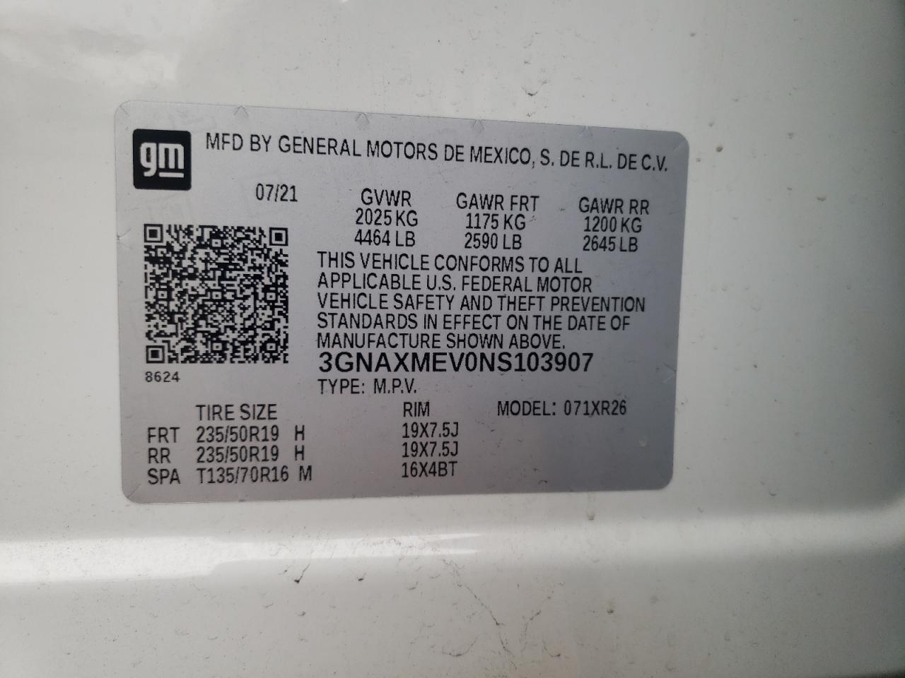 2022 CHEVROLET EQUINOX RS VIN:3GNAXMEV0NS103907