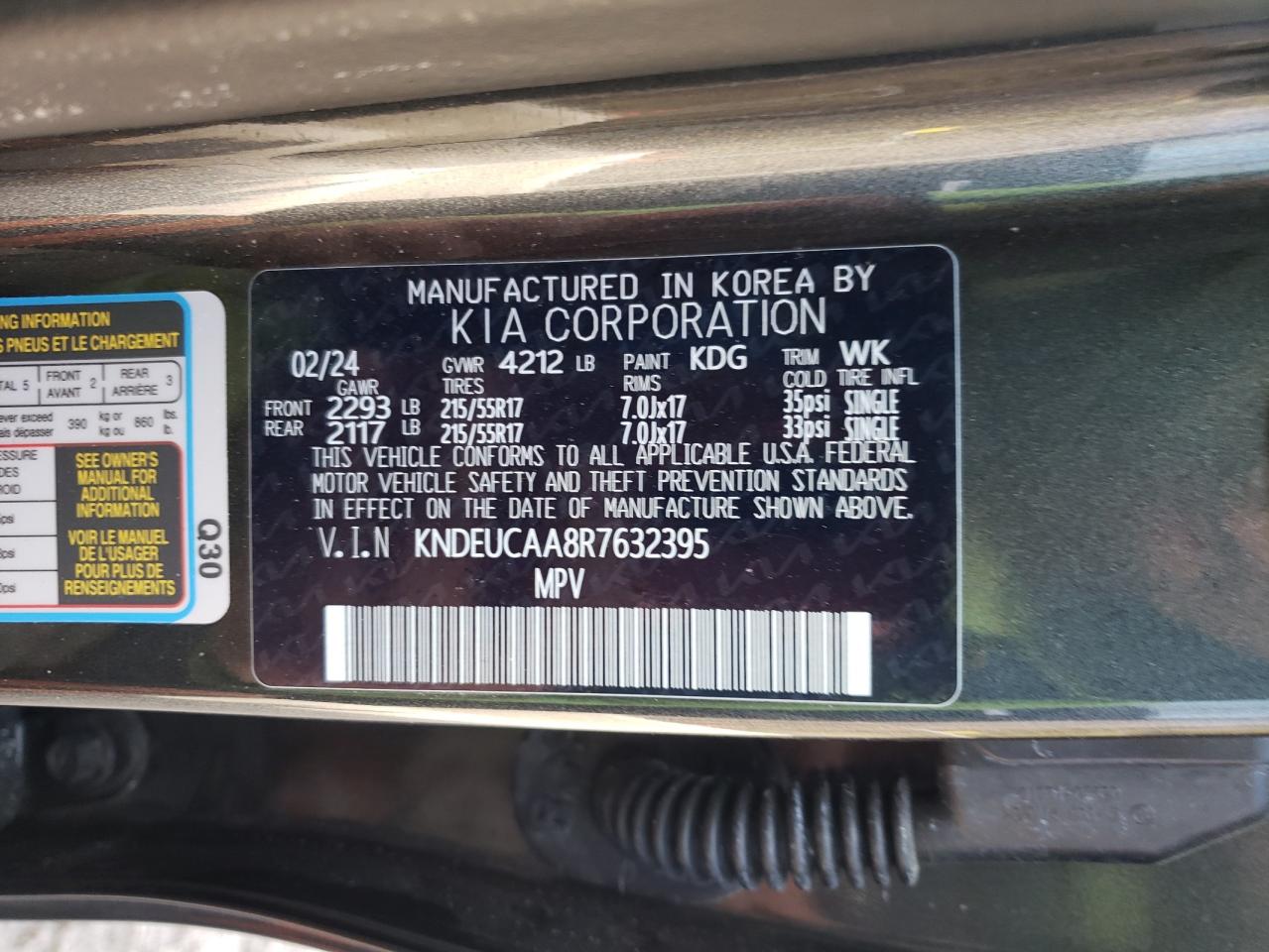 2024 KIA SELTOS S VIN:KNDEUCAA8R7632395