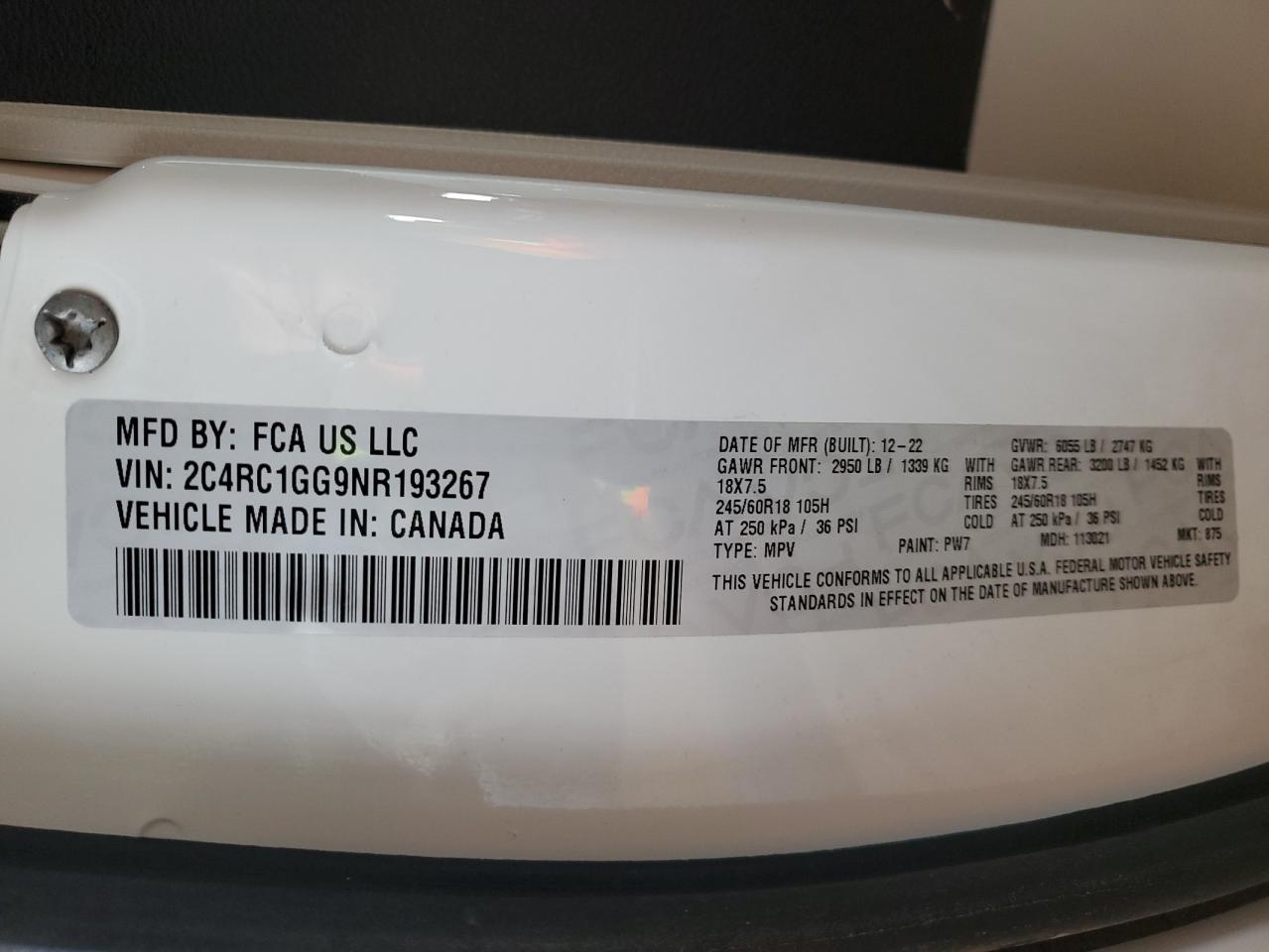 2022 CHRYSLER PACIFICA LIMITED VIN:2C4RC1GG9NR193267