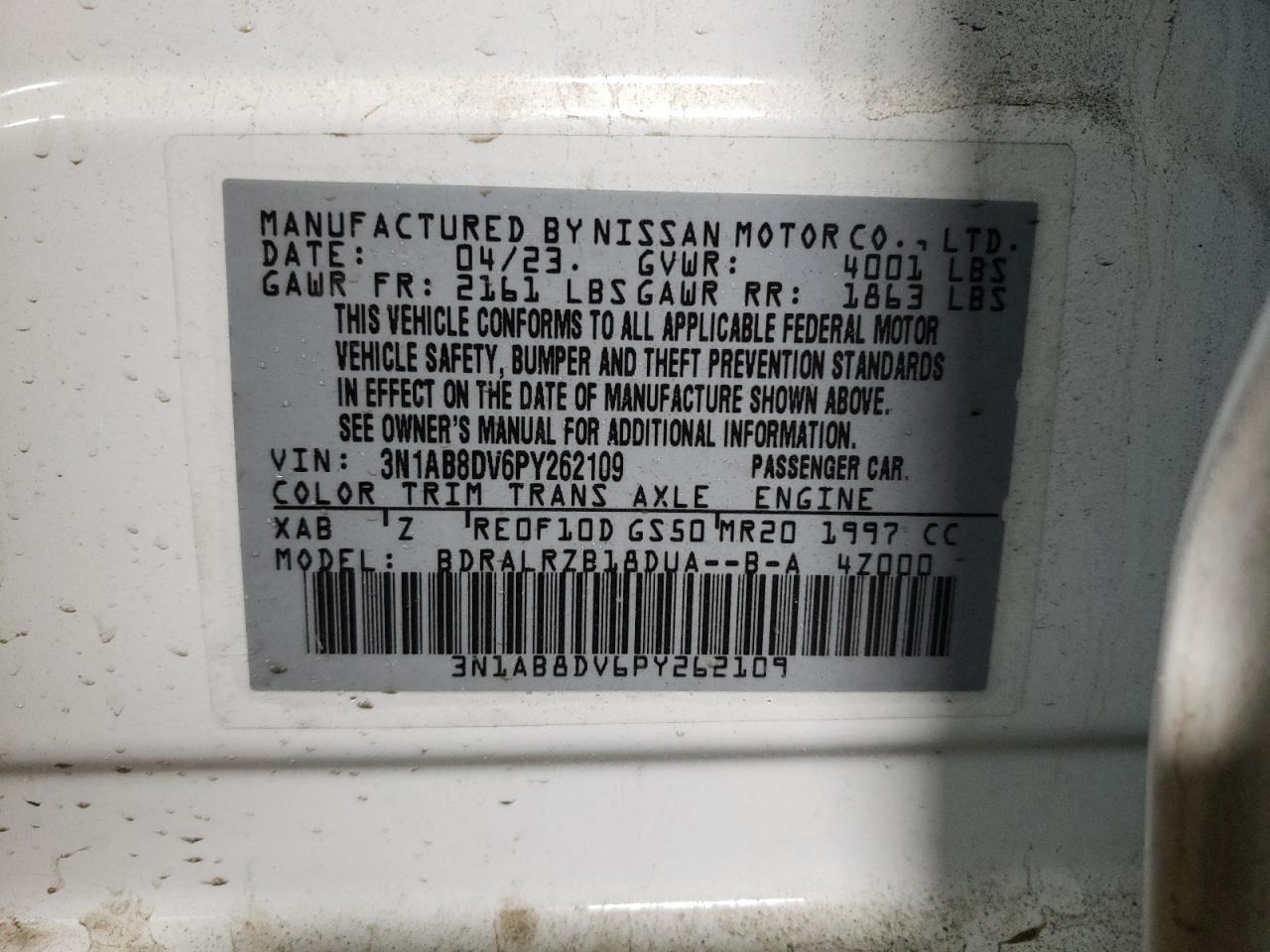 2023 NISSAN SENTRA SR VIN:3N1AB8DV6PY262109