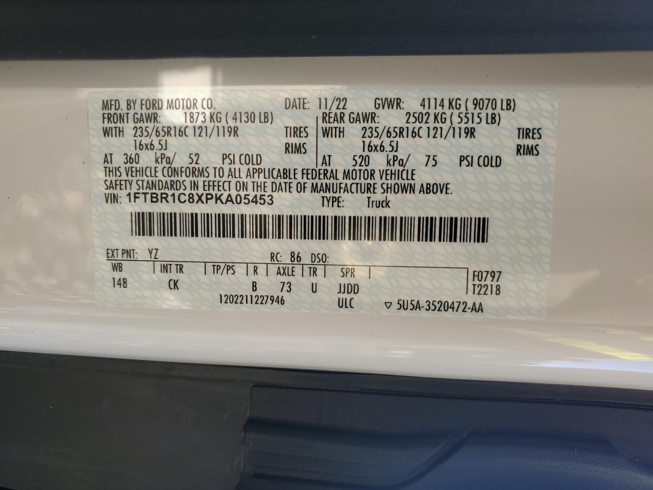 2023 FORD TRANSIT T-250 VIN:1FTBR1C8XPKA05453