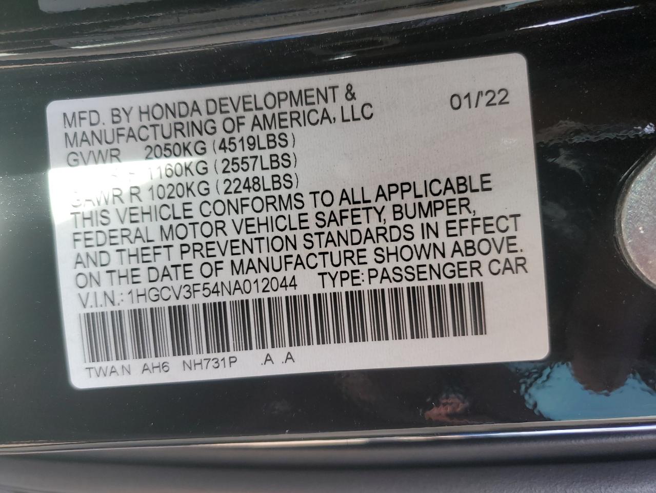 2022 HONDA ACCORD HYBRID EXL VIN:1HGCV3F54NA012044