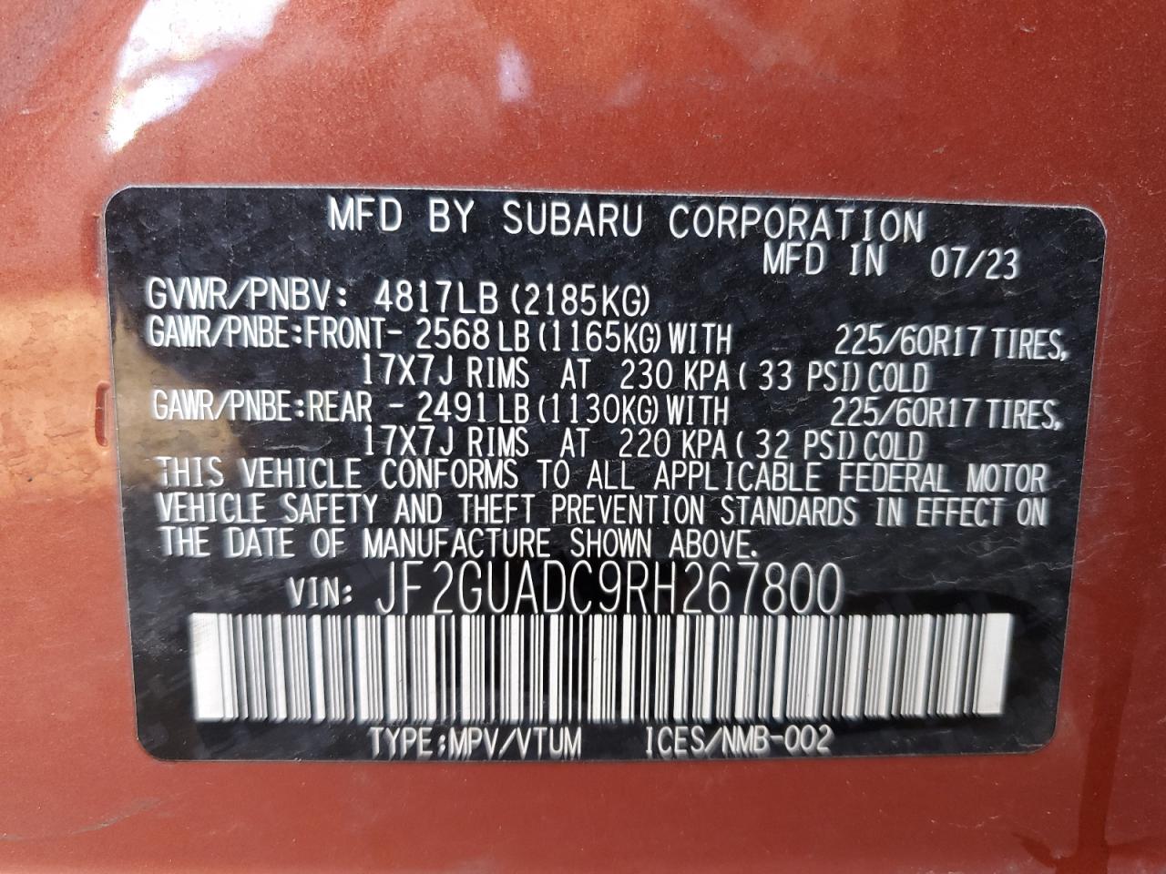 2024 SUBARU CROSSTREK PREMIUM VIN:JF2GUADC9RH267800