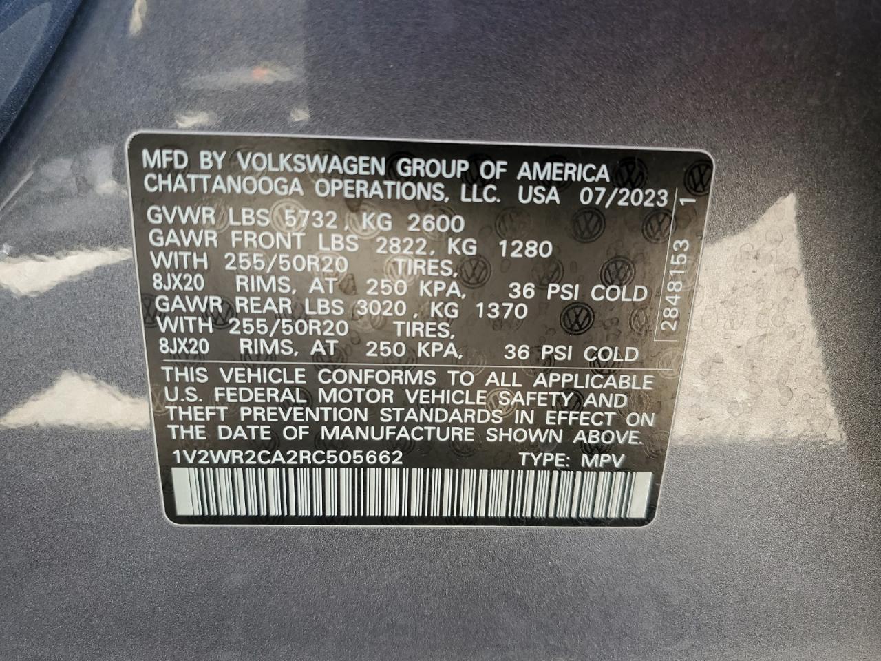 2024 VOLKSWAGEN ATLAS SE VIN:1V2WR2CA2RC505662