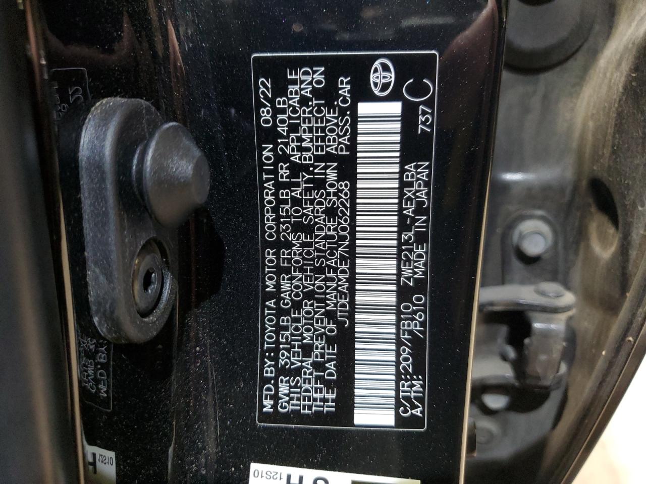 2022 TOYOTA COROLLA LE VIN:JTDEAMDE7NJ062268