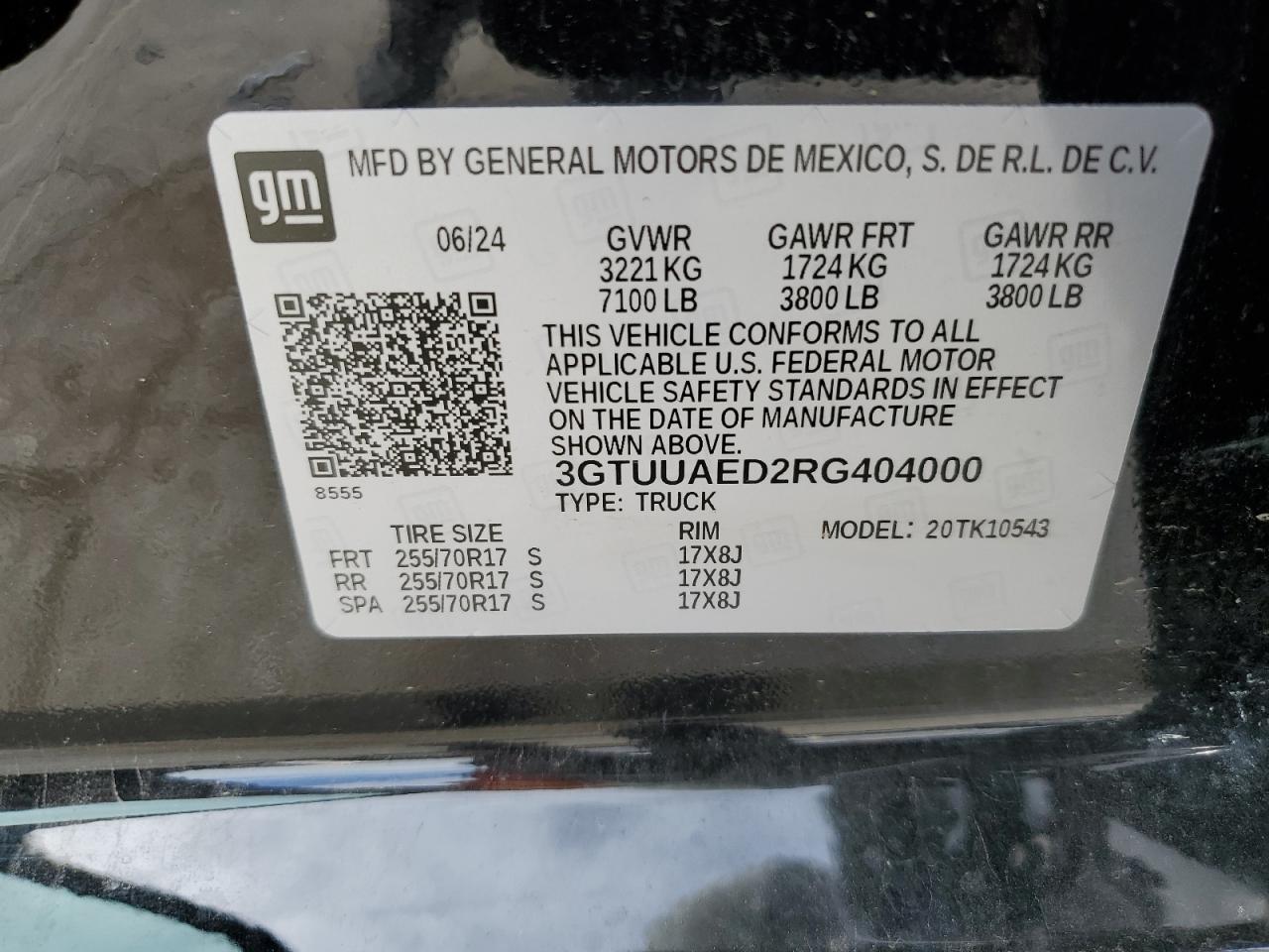 2024 GMC SIERRA K1500 VIN:3GTUUAED2RG404000