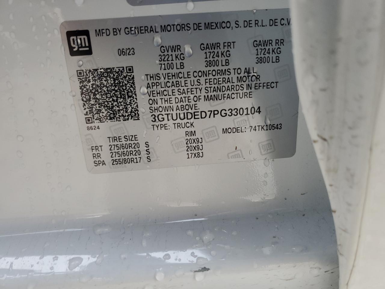 2023 GMC SIERRA K1500 SLT VIN:3GTUUDED7PG330104