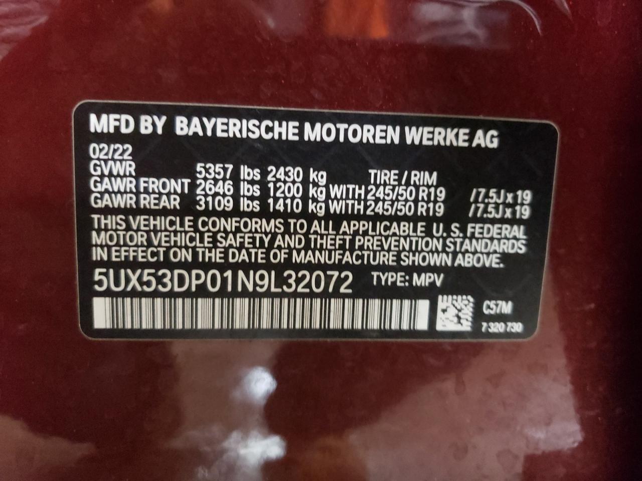 2022 BMW X3 XDRIVE30I VIN:5UX53DP01N9L32072