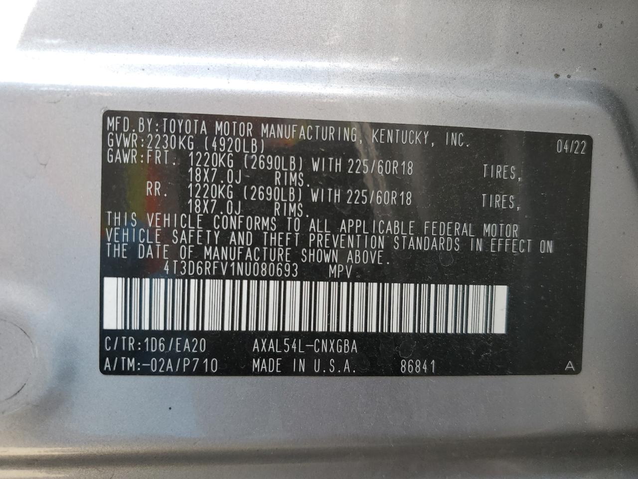 2022 TOYOTA RAV4 LIMITED VIN:4T3D6RFV1NU080693