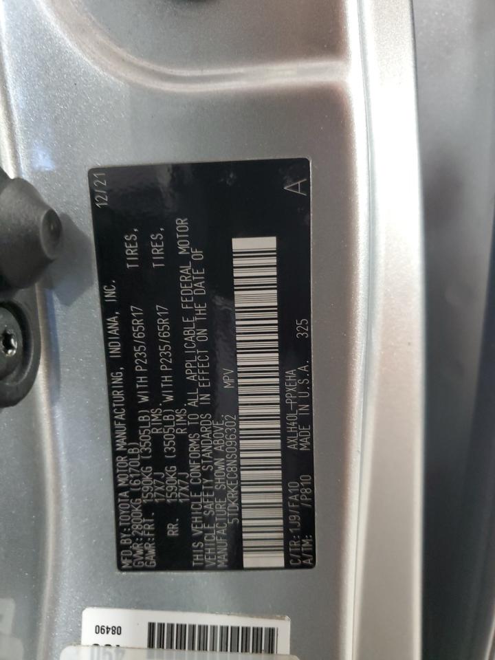 2022 TOYOTA SIENNA LE VIN:5TDKRKEC8NS096302