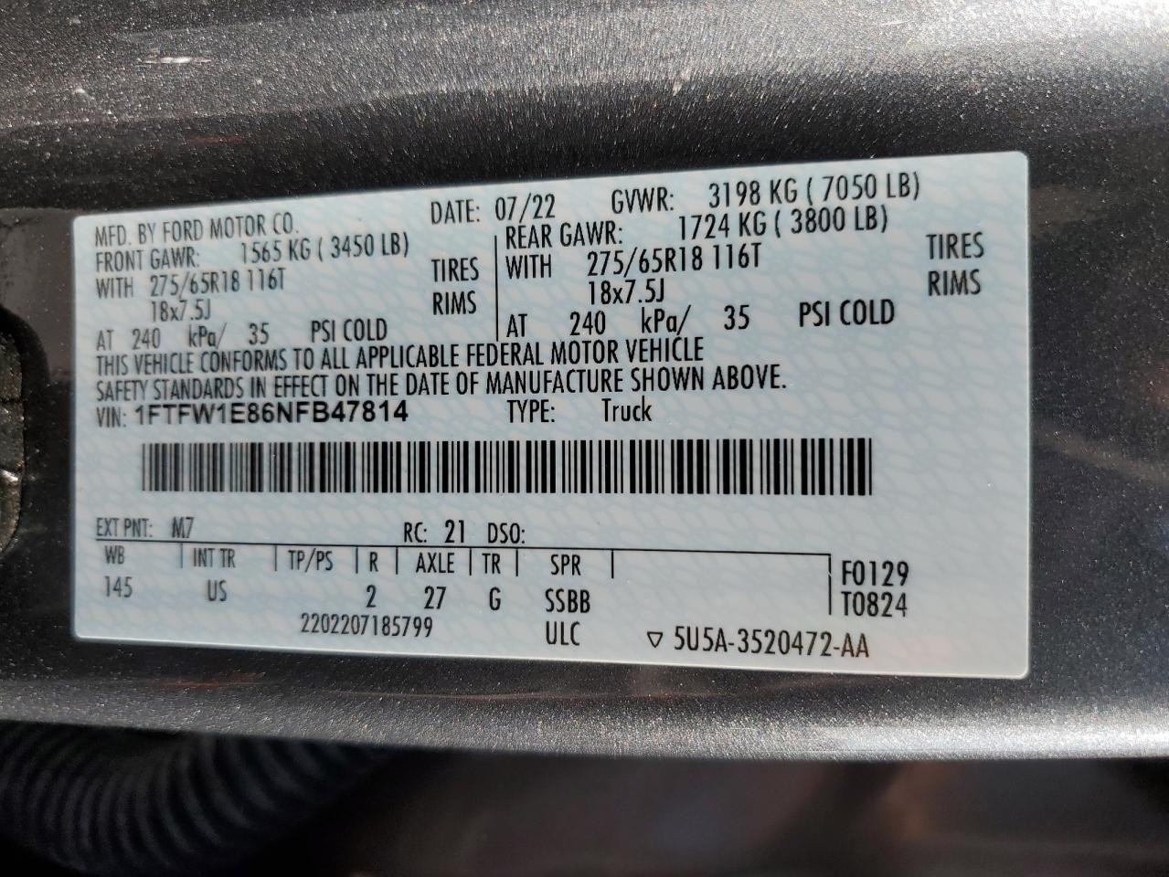 2022 FORD F150 SUPERCREW VIN:1FTFW1E86NFB47814