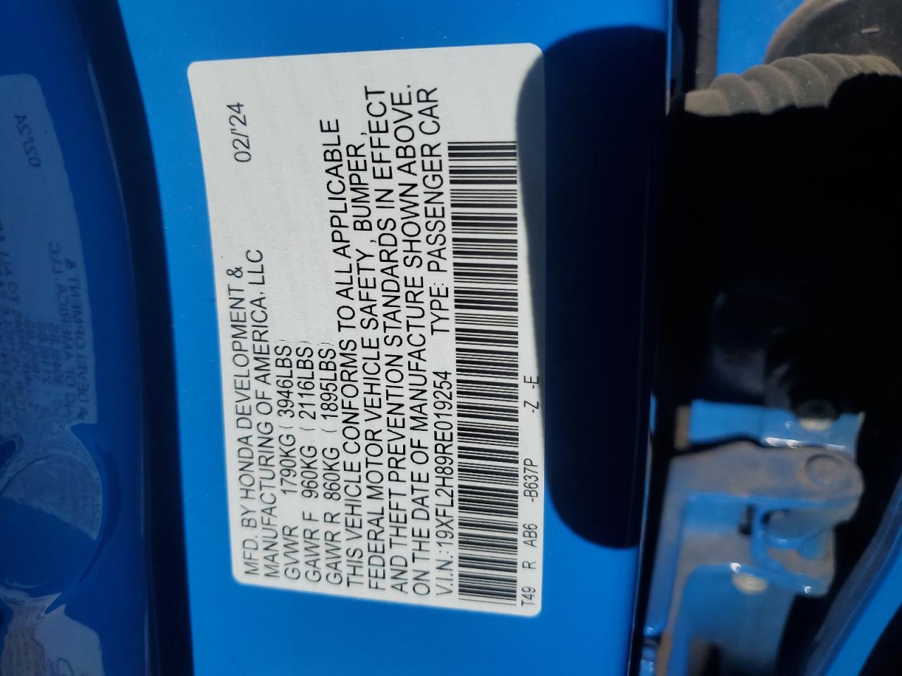 2024 HONDA CIVIC SPORT VIN:19XFL2H89RE019254
