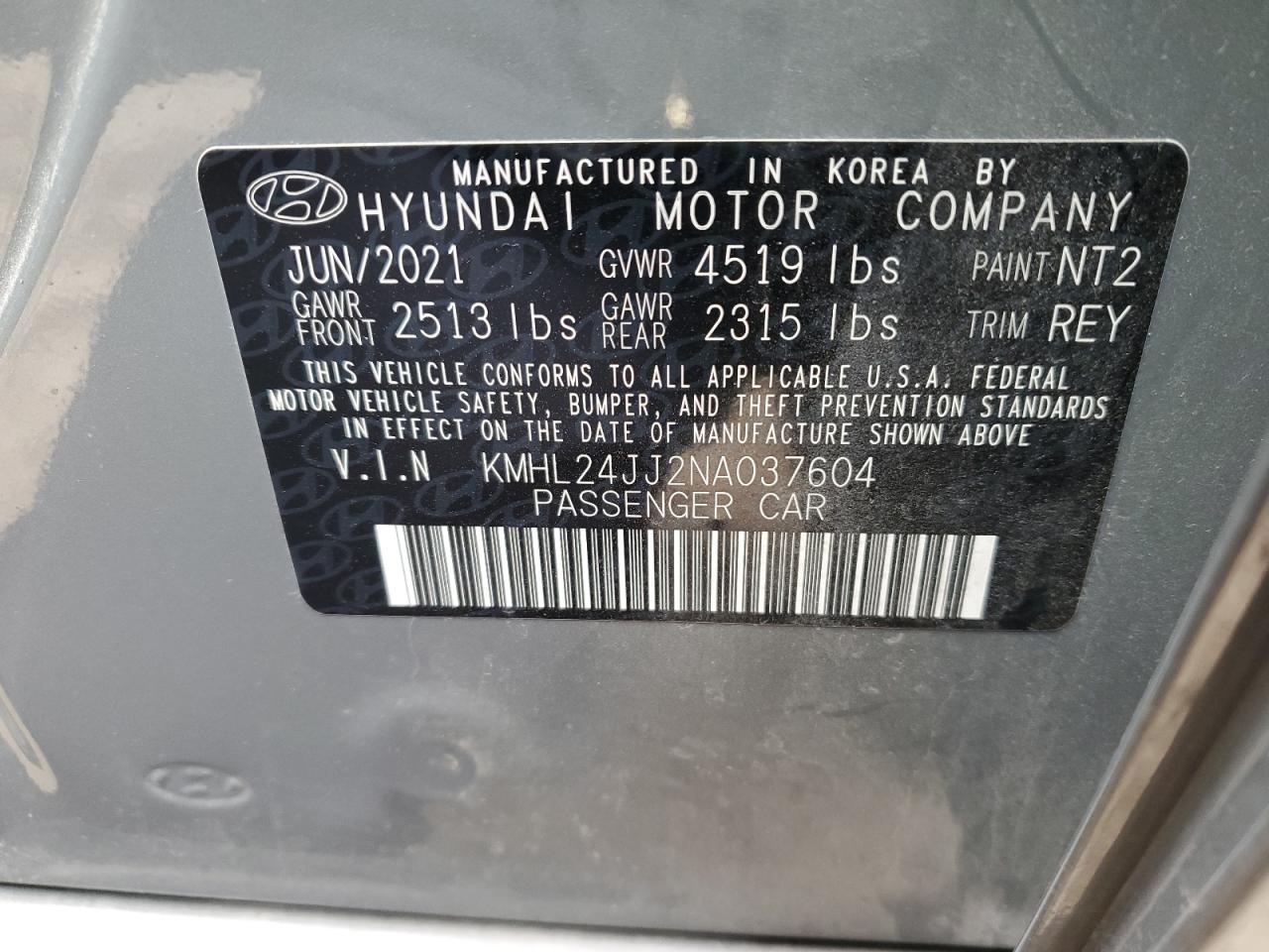 2022 HYUNDAI SONATA HYBRID VIN:KMHL24JJ2NA037604