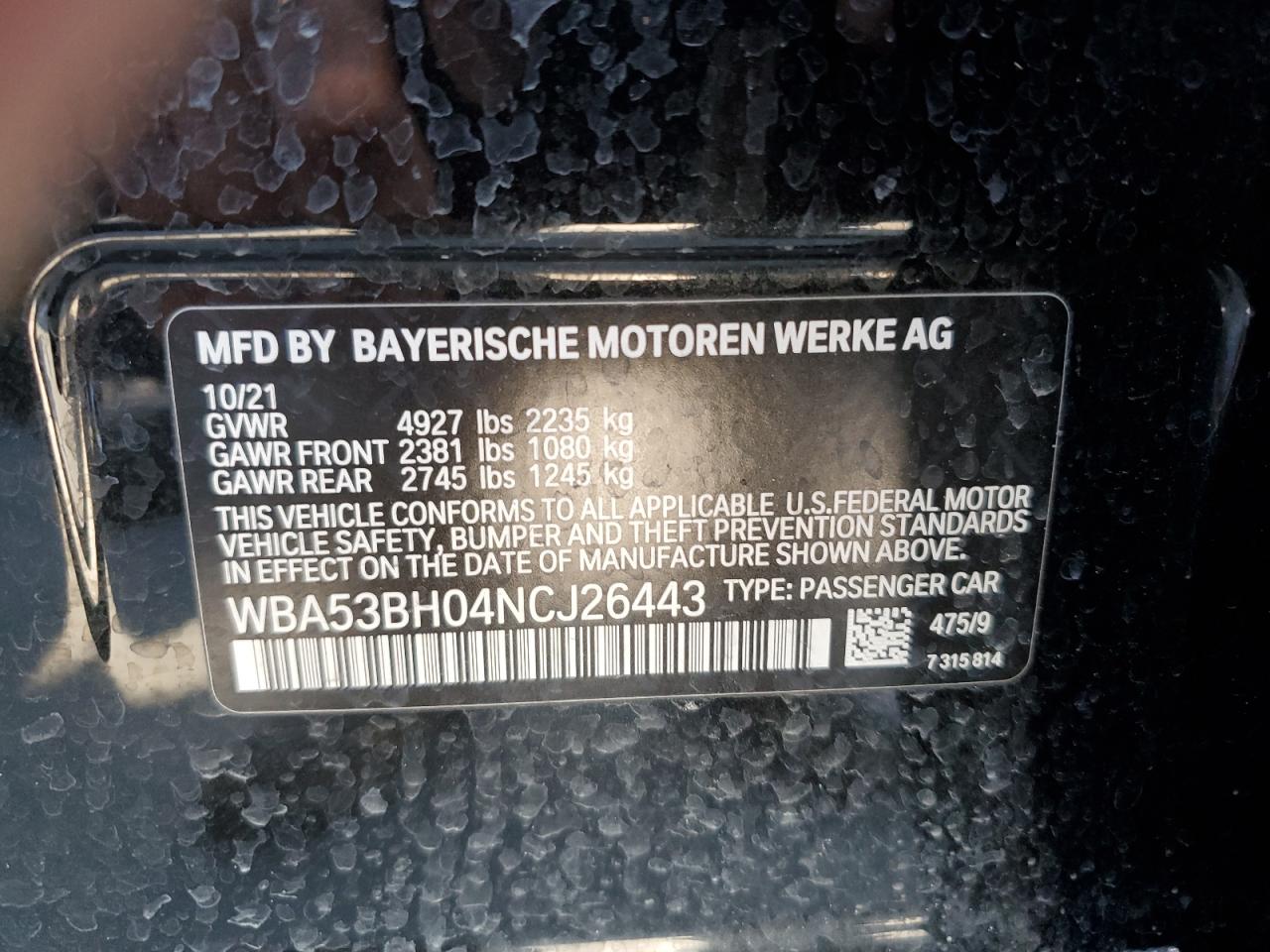 2022 BMW 530 I VIN:WBA53BH04NCJ26443