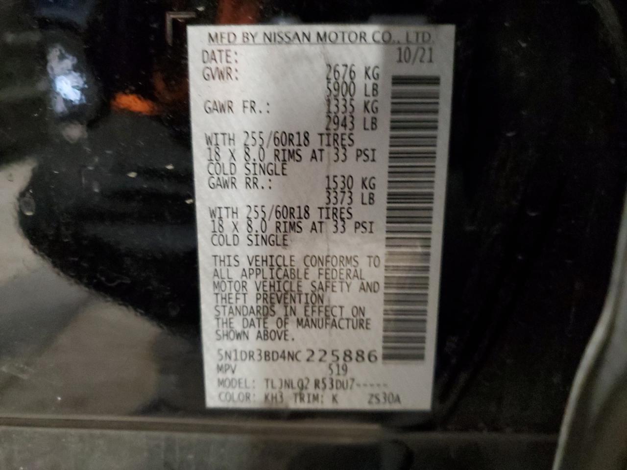2022 NISSAN PATHFINDER SV VIN:5N1DR3BD4NC225886