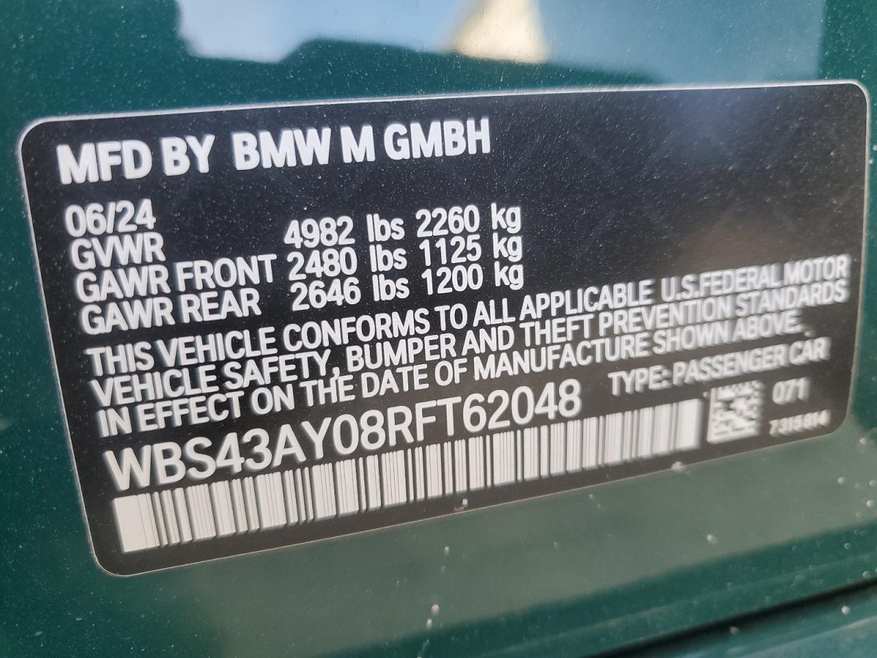 2024 BMW M3 COMPETITION VIN:WBS43AY08RFT62048