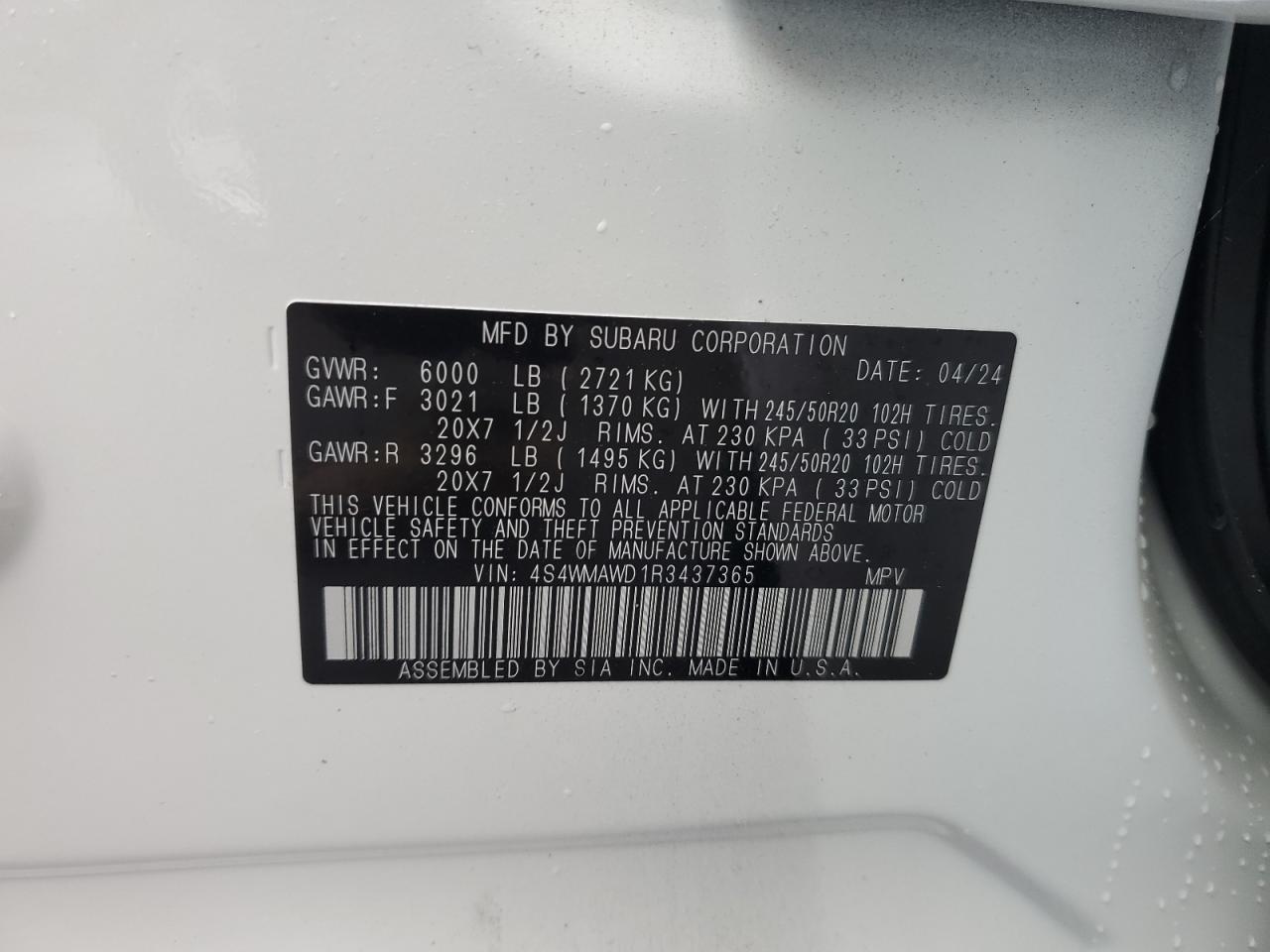 2024 SUBARU ASCENT TOURING VIN:4S4WMAWD1R3437365