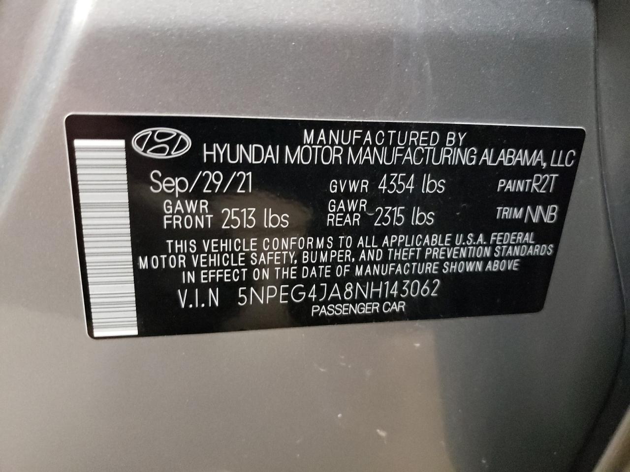 2022 HYUNDAI SONATA SE VIN:5NPEG4JA8NH143062