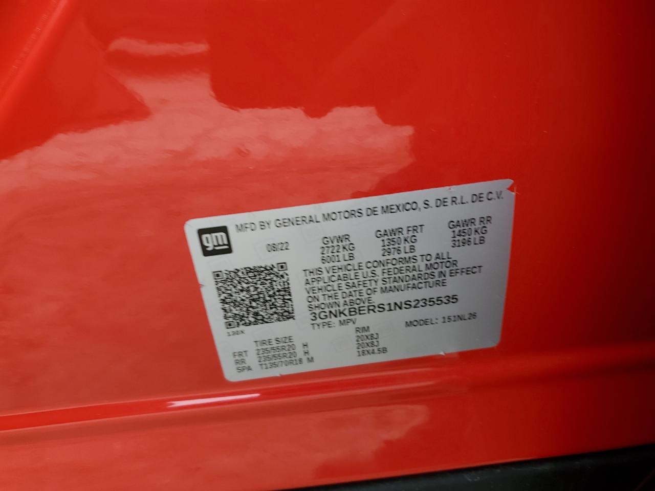 2022 CHEVROLET BLAZER RS VIN:3GNKBERS1NS235535