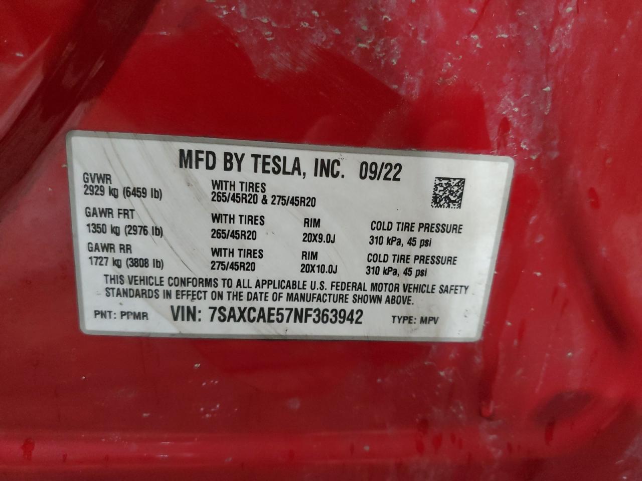 2022 TESLA MODEL X  VIN:7SAXCAE57NF363942
