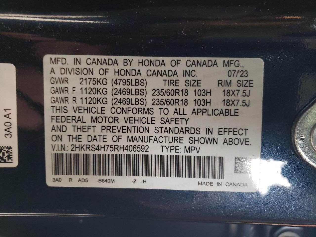 2024 HONDA CR-V EXL VIN:2HKRS4H75RH406592
