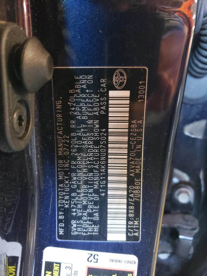 2022 TOYOTA CAMRY SE VIN:4T1G11AK6NU075024