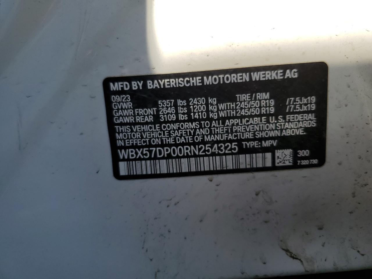 2024 BMW X3 XDRIVE30I VIN:WBX57DP00RN254325