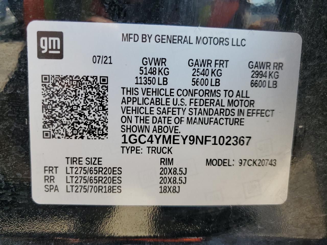 2022 CHEVROLET SILVERADO K2500 CUSTOM VIN:1GC4YMEY9NF102367