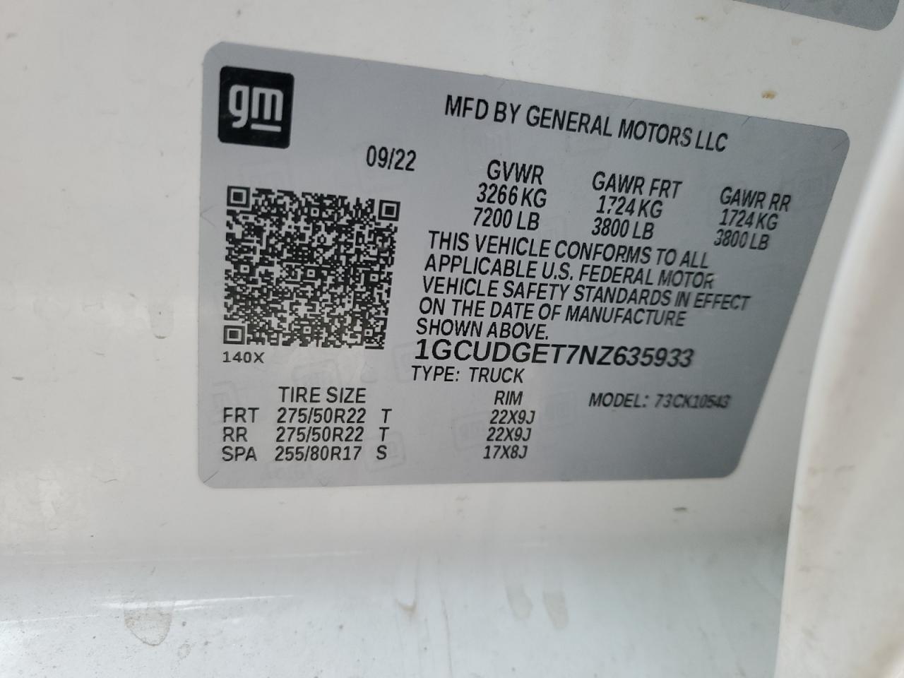 2022 CHEVROLET SILVERADO K1500 LTZ VIN:1GCUDGET7NZ635933