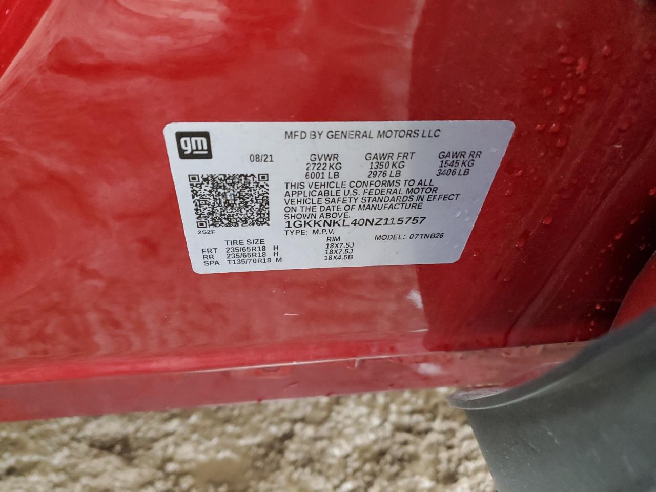 2022 GMC ACADIA SLE VIN:1GKKNKL40NZ115757