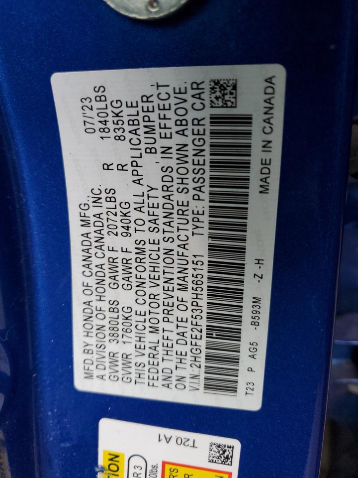 2023 HONDA CIVIC SPORT VIN:2HGFE2F53PH565151