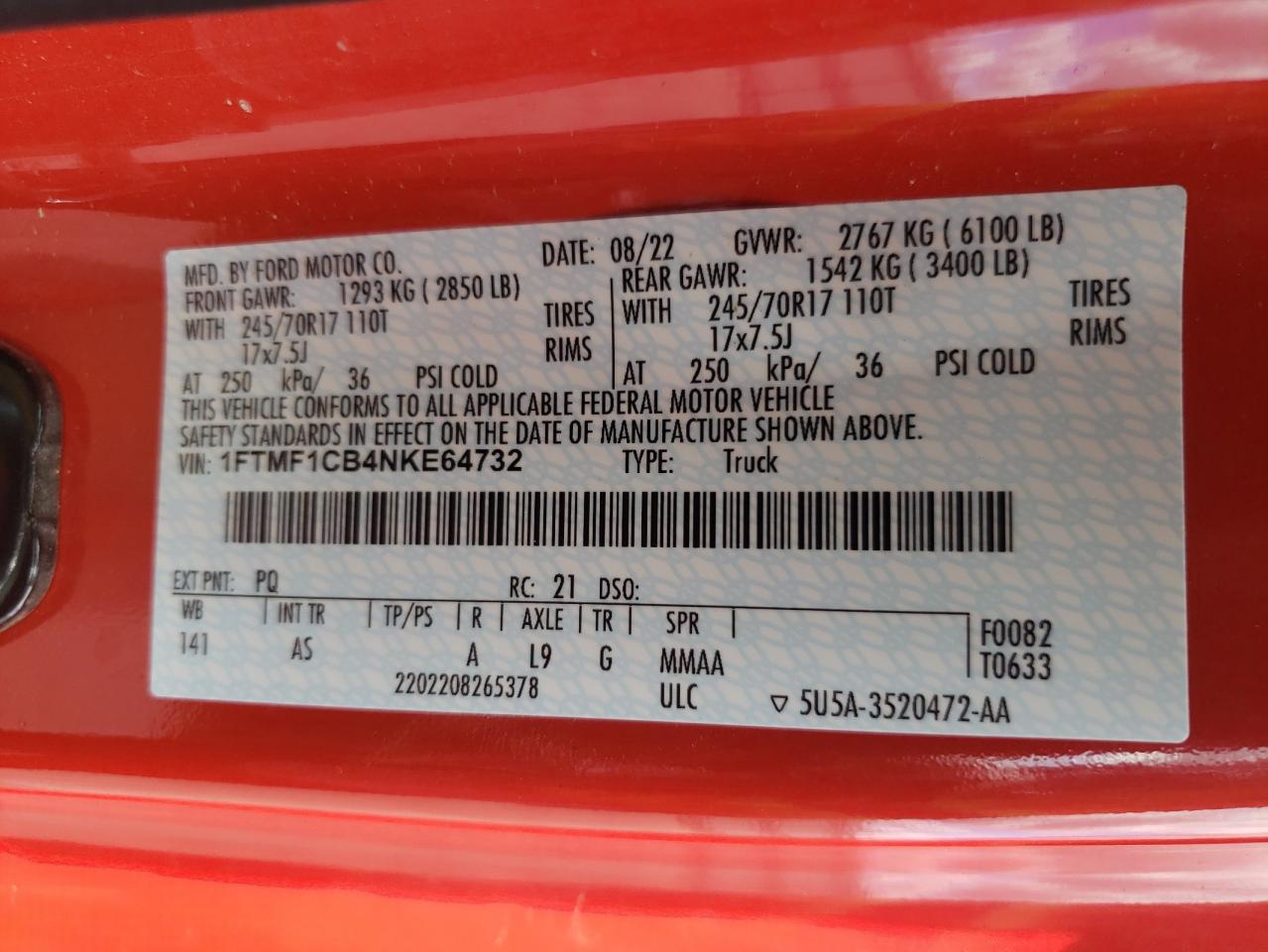 2022 FORD F150  VIN:1FTMF1CB4NKE64732